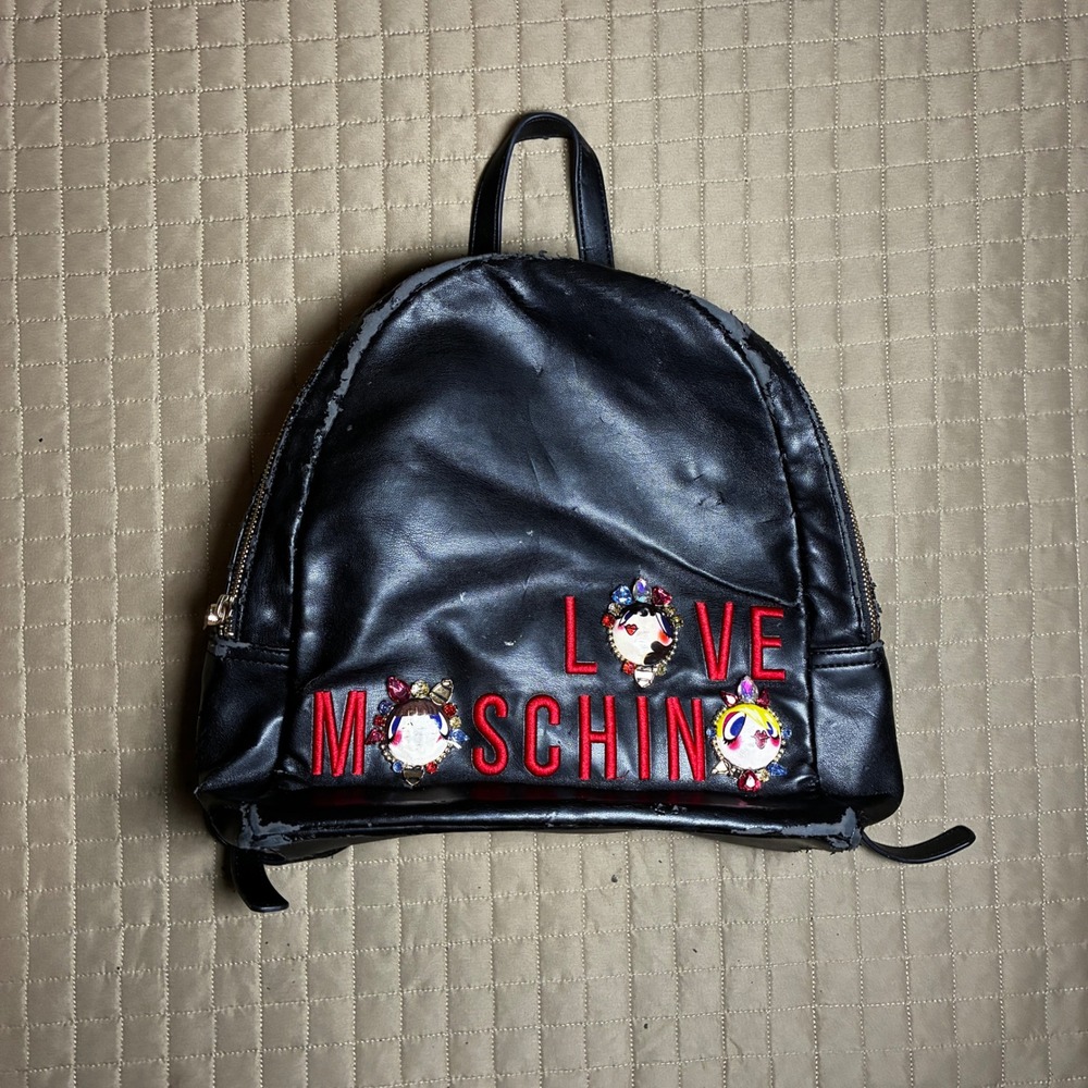 Love Moschino Black Faux Leather Backpack Jeweled Patches Red Logo AS IS Repair